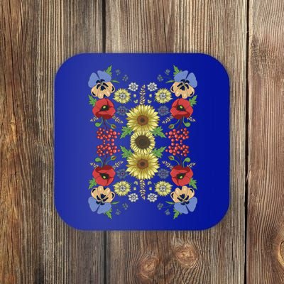 Sunflower Poppy And Viburnum Floral Ukrainian Vyshyvanka Style Gift Coaster