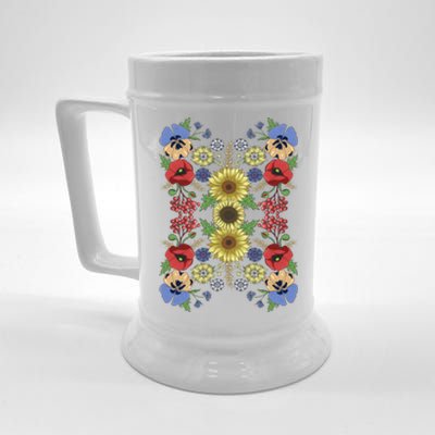 Sunflower Poppy And Viburnum Floral Ukrainian Vyshyvanka Style Gift Beer Stein