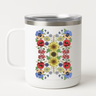 Sunflower Poppy And Viburnum Floral Ukrainian Vyshyvanka Style Gift 12 oz Stainless Steel Tumbler Cup