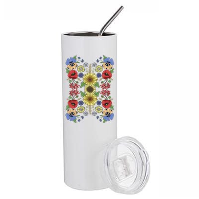 Sunflower Poppy And Viburnum Floral Ukrainian Vyshyvanka Style Gift Stainless Steel Tumbler