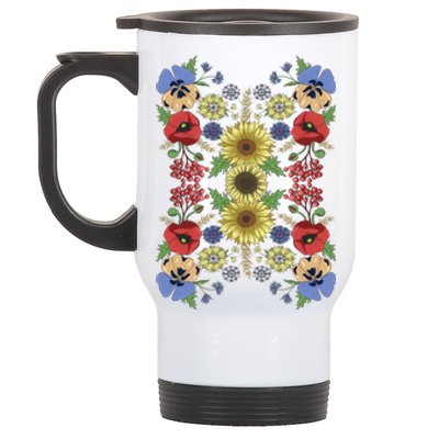 Sunflower Poppy And Viburnum Floral Ukrainian Vyshyvanka Style Gift Stainless Steel Travel Mug