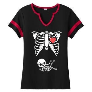 Skeleton Pregnancy Announcement XRay Halloween Costume Ladies Halftime Notch Neck Tee