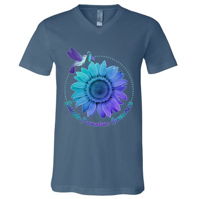 Suicide Prevention Awareness Hummingbird Flower V-Neck T-Shirt