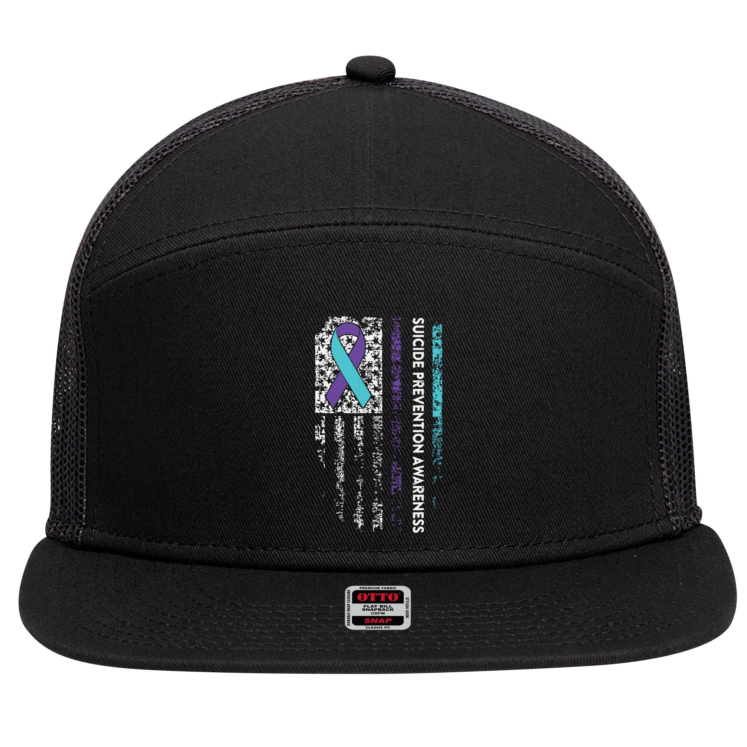 Suicide Prevention Awareness Ribbon American Flag 7 Panel Mesh Trucker Snapback Hat