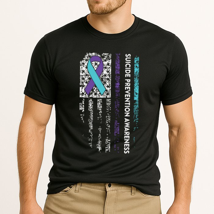 Suicide Prevention Awareness Ribbon American Flag Cooling Performance Crew T-Shirt