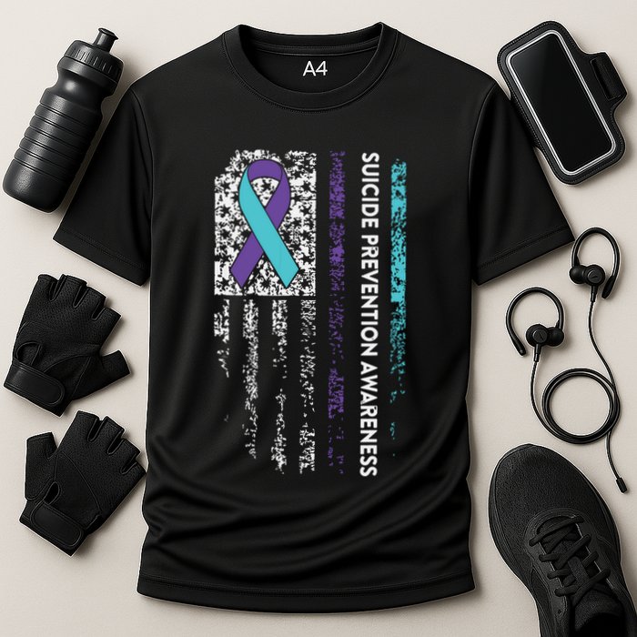 Suicide Prevention Awareness Ribbon American Flag Cooling Performance Crew T-Shirt