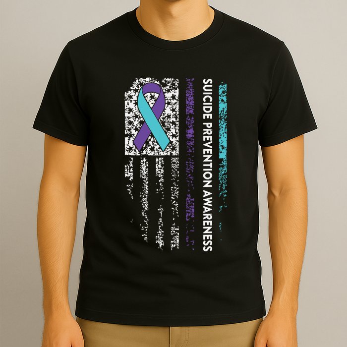 Suicide Prevention Awareness Ribbon American Flag T-Shirt