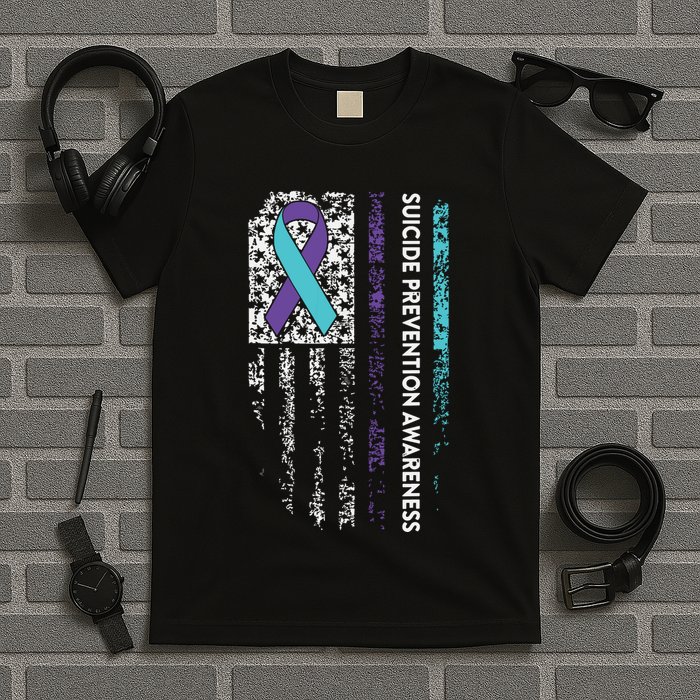 Suicide Prevention Awareness Ribbon American Flag T-Shirt