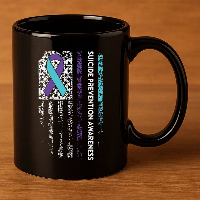 Suicide Prevention Awareness Ribbon American Flag 11oz C Handle Ceramic Mug