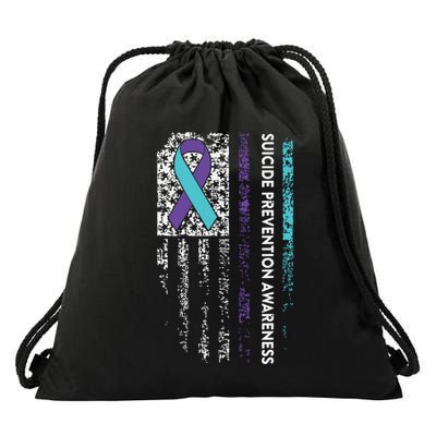 Suicide Prevention Awareness Ribbon American Flag Drawstring Bag