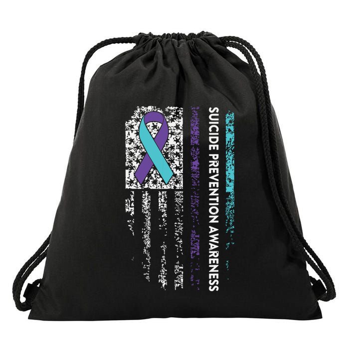 Suicide Prevention Awareness Ribbon American Flag Drawstring Bag