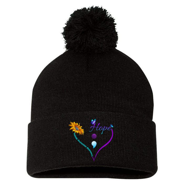 Suicide Prevention Awareness Floral Heart Pom Pom 12in Knit Beanie