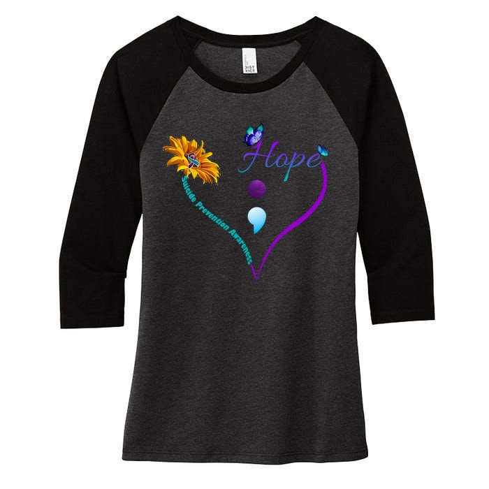 Suicide Prevention Awareness Floral Heart Women's Tri-Blend 3/4-Sleeve Raglan Shirt