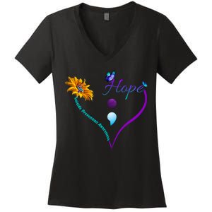 Suicide Prevention Awareness Floral Heart Women's V-Neck T-Shirt