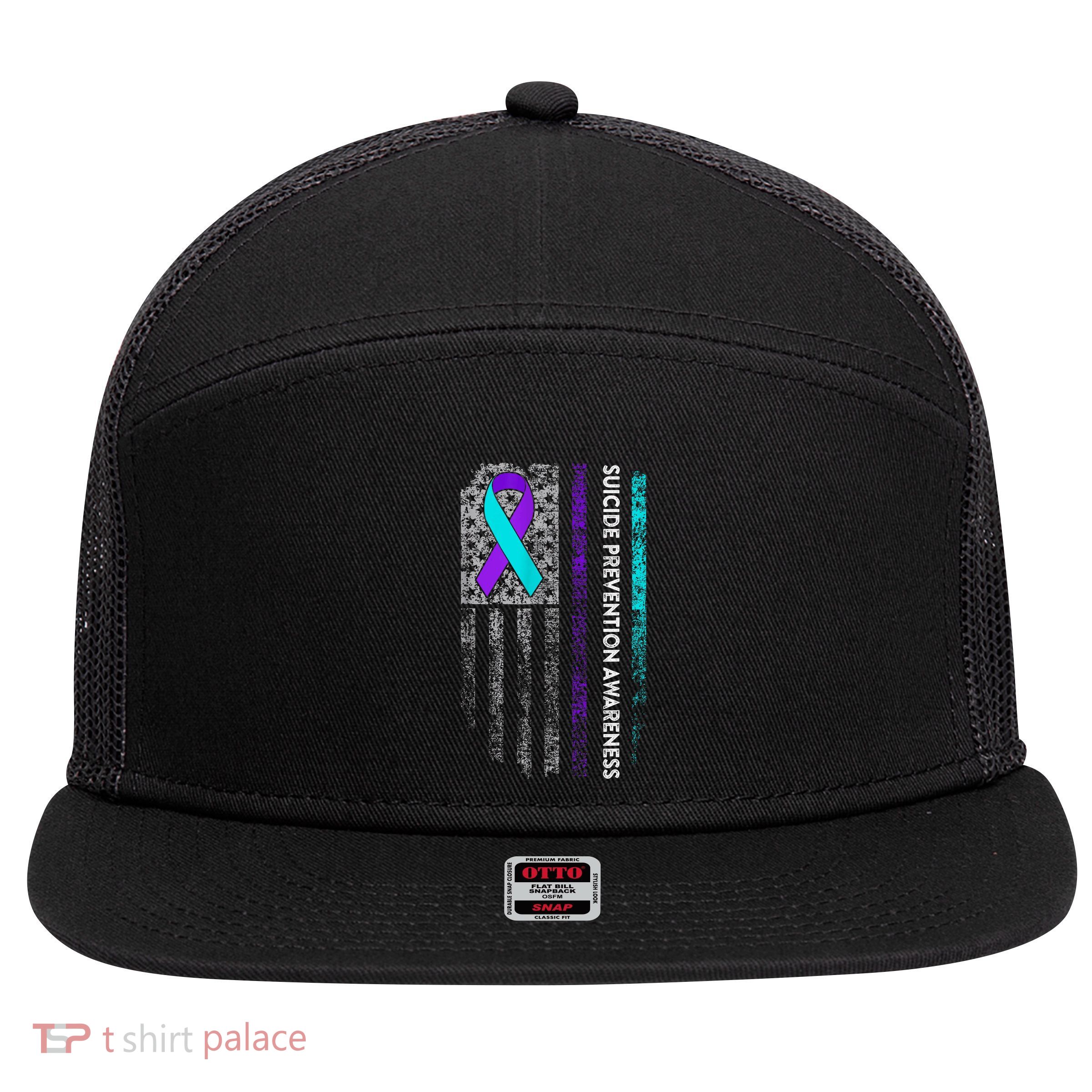 Suicide Prevention Awareness Ribbon American Flag 7 Panel Mesh Trucker Snapback Hat