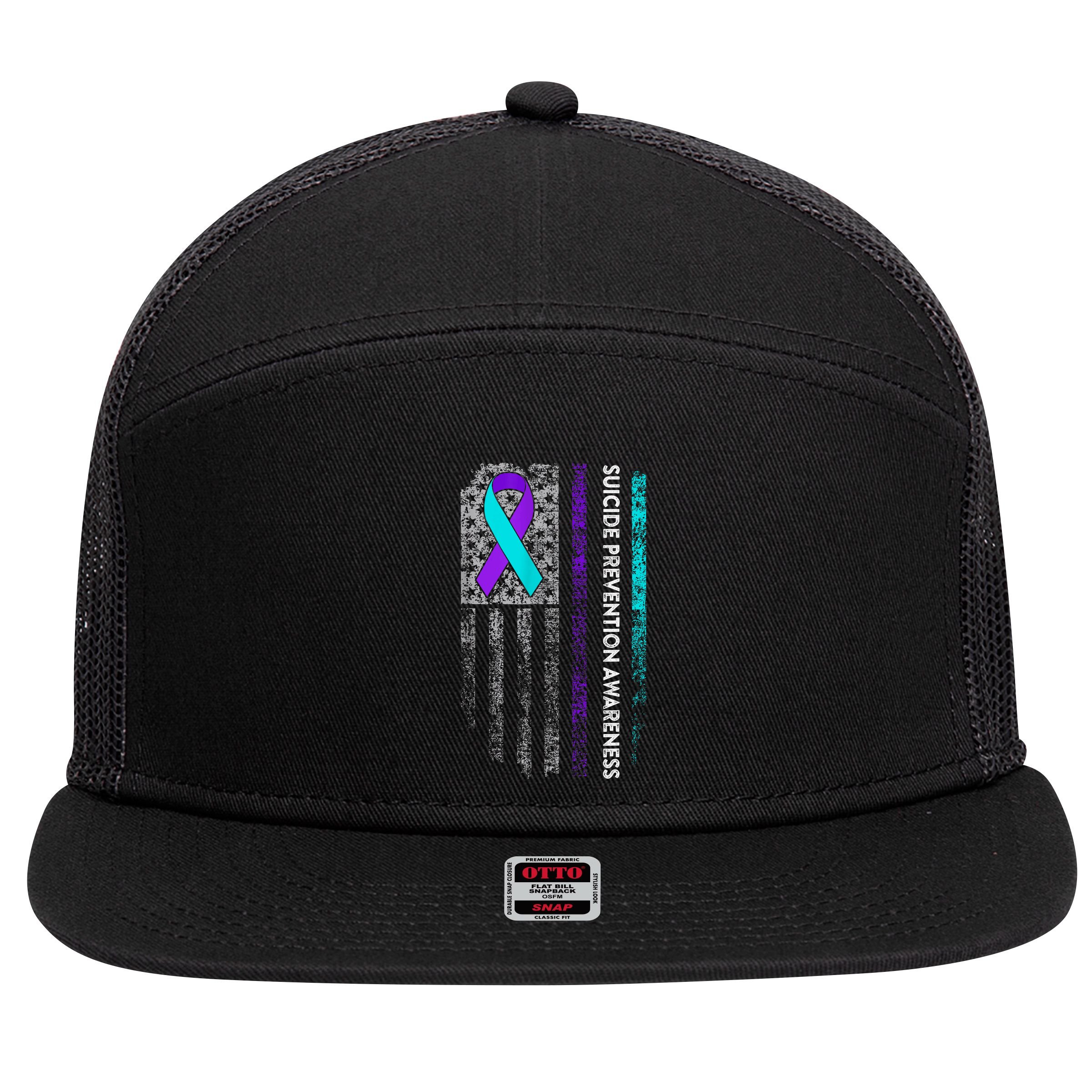 Suicide Prevention Awareness Ribbon American Flag 7 Panel Mesh Trucker Snapback Hat