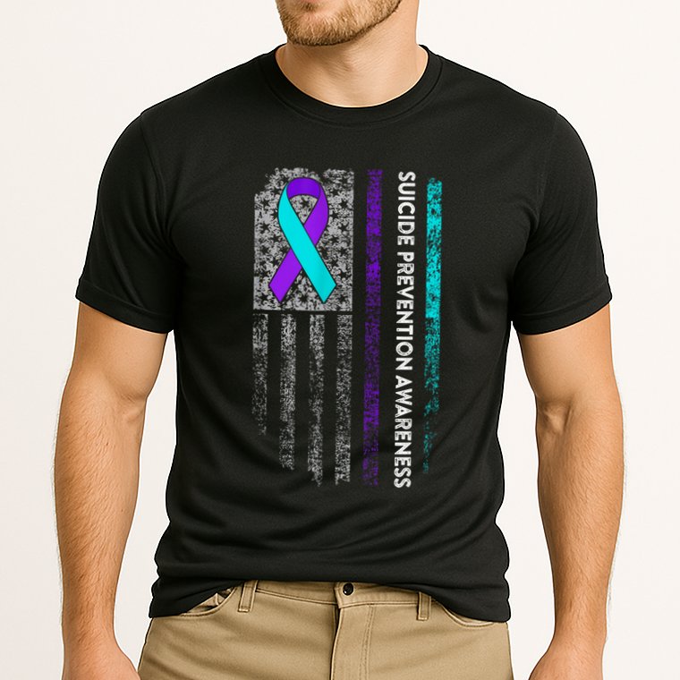 Suicide Prevention Awareness Ribbon American Flag Cooling Performance Crew T-Shirt