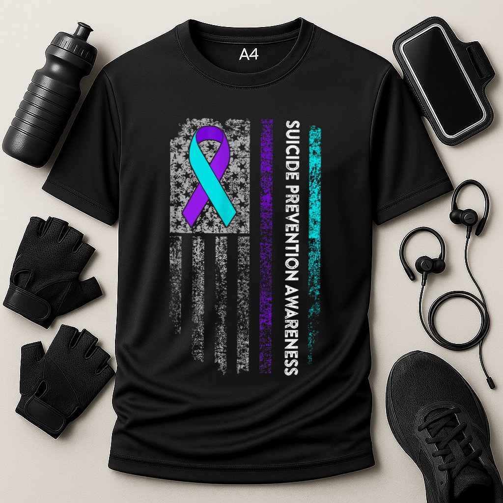 Suicide Prevention Awareness Ribbon American Flag Cooling Performance Crew T-Shirt