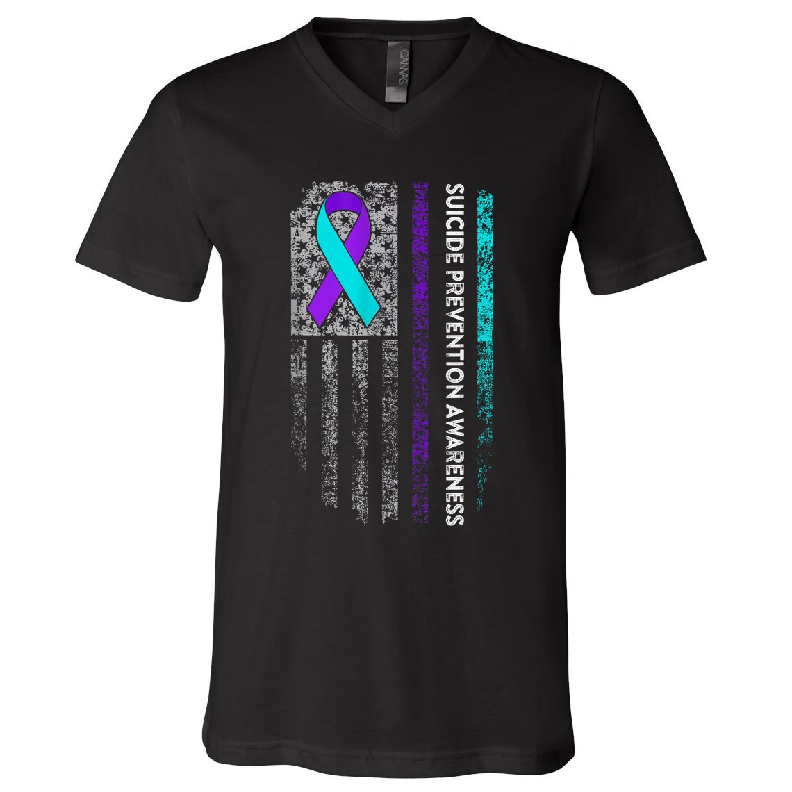 Suicide Prevention Awareness Ribbon American Flag V-Neck T-Shirt