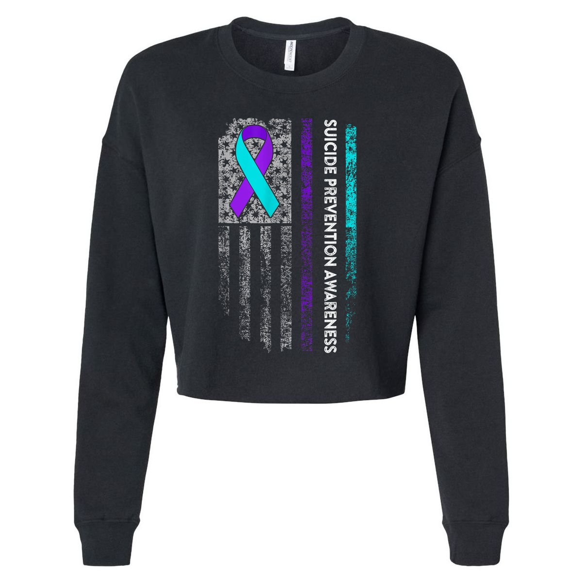 Suicide Prevention Awareness Ribbon American Flag Cropped Pullover Crew