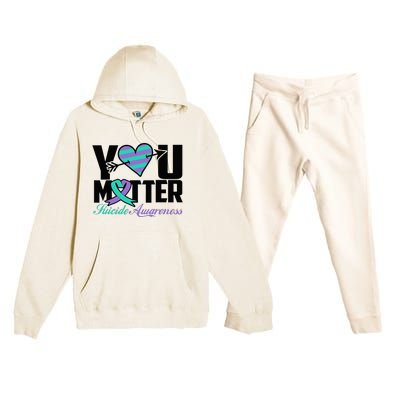 Suicide Prevention Awareness Teal Purple Ribbon You Matter Premium Hooded Sweatsuit Set