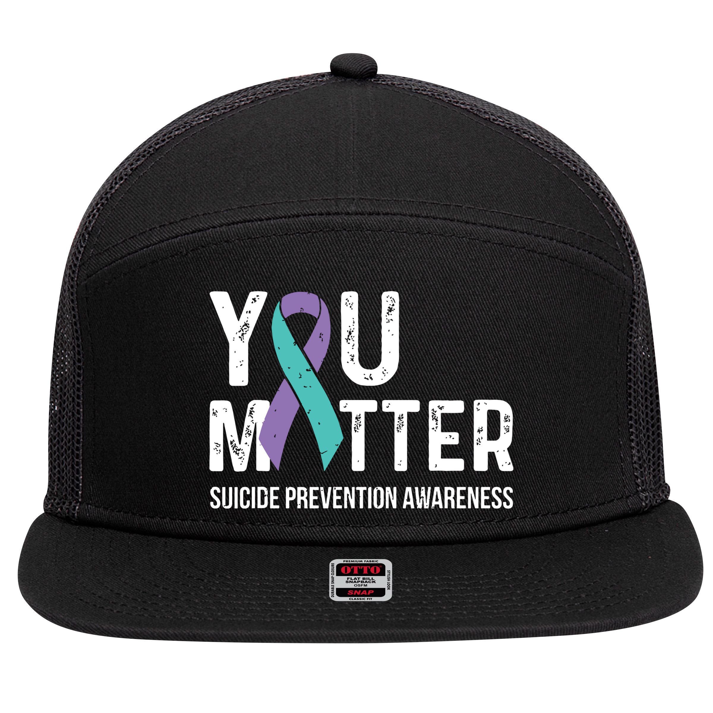 Suicide Prevention Awareness Teal & Purple Ribbon You Matter 7 Panel Mesh Trucker Snapback Hat