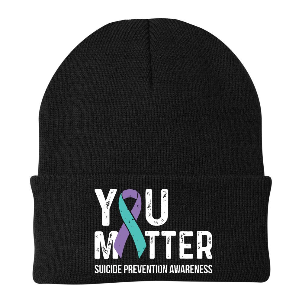 Suicide Prevention Awareness Teal & Purple Ribbon You Matter Beanie