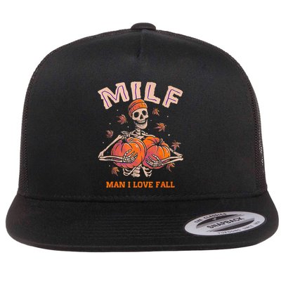 Skeleton Pumpkin Autumn Lover Milf Man I Love Fall Flat Bill Trucker Hat