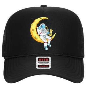 Saxophone Player Astronaut Saxophonist Moon Jazz Musician High Crown Mesh Back Trucker Hat