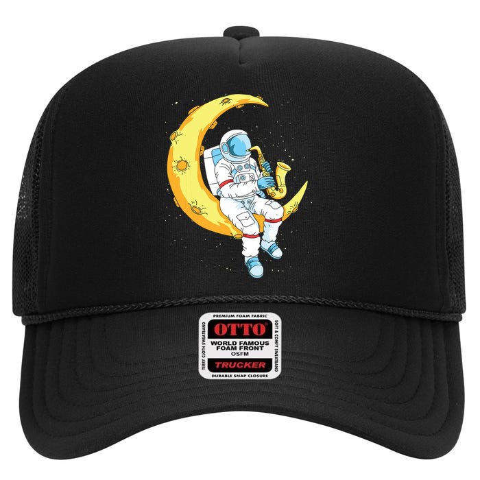 Saxophone Player Astronaut Saxophonist Moon Jazz Musician High Crown Mesh Back Trucker Hat