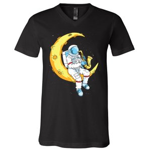 Saxophone Player Astronaut Saxophonist Moon Jazz Musician V-Neck T-Shirt