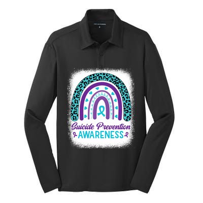 Suicide Prevention Awareness Rainbow Teal & Purple Ribbon Silk Touch Performance Long Sleeve Polo