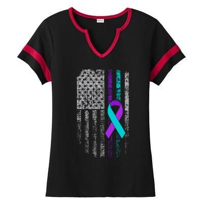 Suicide Prevention Awareness American Flag Ribbon Support Great Gift Ladies Halftime Notch Neck Tee