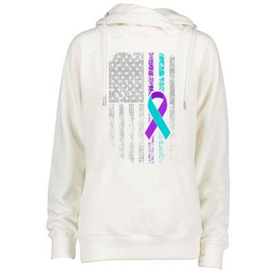 Suicide Prevention Awareness American Flag Ribbon Support Great Gift Womens Funnel Neck Pullover Hood