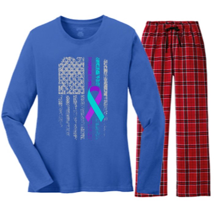 Suicide Prevention Awareness American Flag Ribbon Support Great Gift Women's Long Sleeve Flannel Pajama Set 