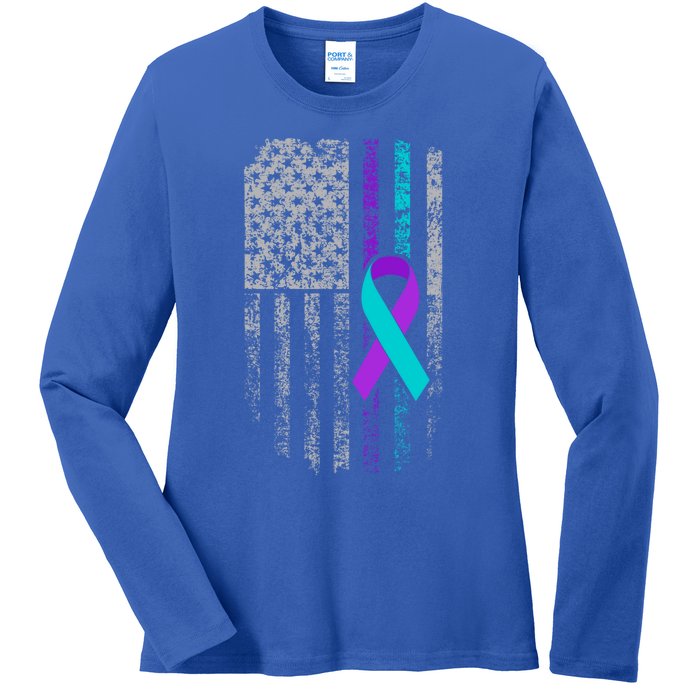 Suicide Prevention Awareness American Flag Ribbon Support Great Gift Ladies Long Sleeve Shirt