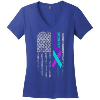 Suicide Prevention Awareness American Flag Ribbon Support Great Gift Women's V-Neck T-Shirt