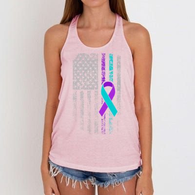 Suicide Prevention Awareness American Flag Ribbon Support Great Gift Women's Knotted Racerback Tank