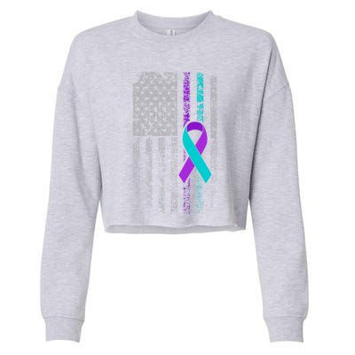 Suicide Prevention Awareness American Flag Ribbon Support Great Gift Cropped Pullover Crew