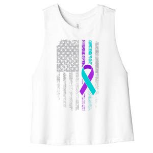 Suicide Prevention Awareness American Flag Ribbon Support Great Gift Women's Racerback Cropped Tank