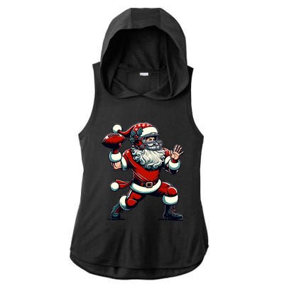 Santa Playing American Football Christmas Ladies PosiCharge Tri-Blend Wicking Draft Hoodie Tank