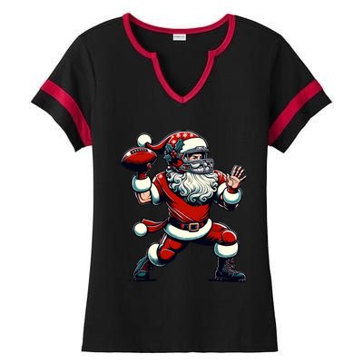 Santa Playing American Football Christmas Ladies Halftime Notch Neck Tee