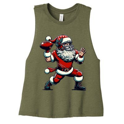 Santa Playing American Football Christmas Women's Racerback Cropped Tank