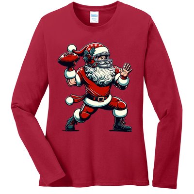 Santa Playing American Football Christmas Ladies Long Sleeve Shirt