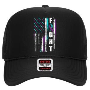 Suicide Prevention Awareness American Flag Distress High Crown Mesh Back Trucker Hat