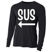 Sus Pointing Arrow Left Gaming Meme Impostor Kinda Sus Cooling Performance Long Sleeve Crew