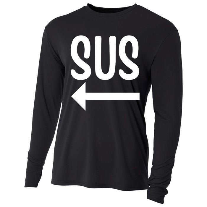 Sus Pointing Arrow Left Gaming Meme Impostor Kinda Sus Cooling Performance Long Sleeve Crew