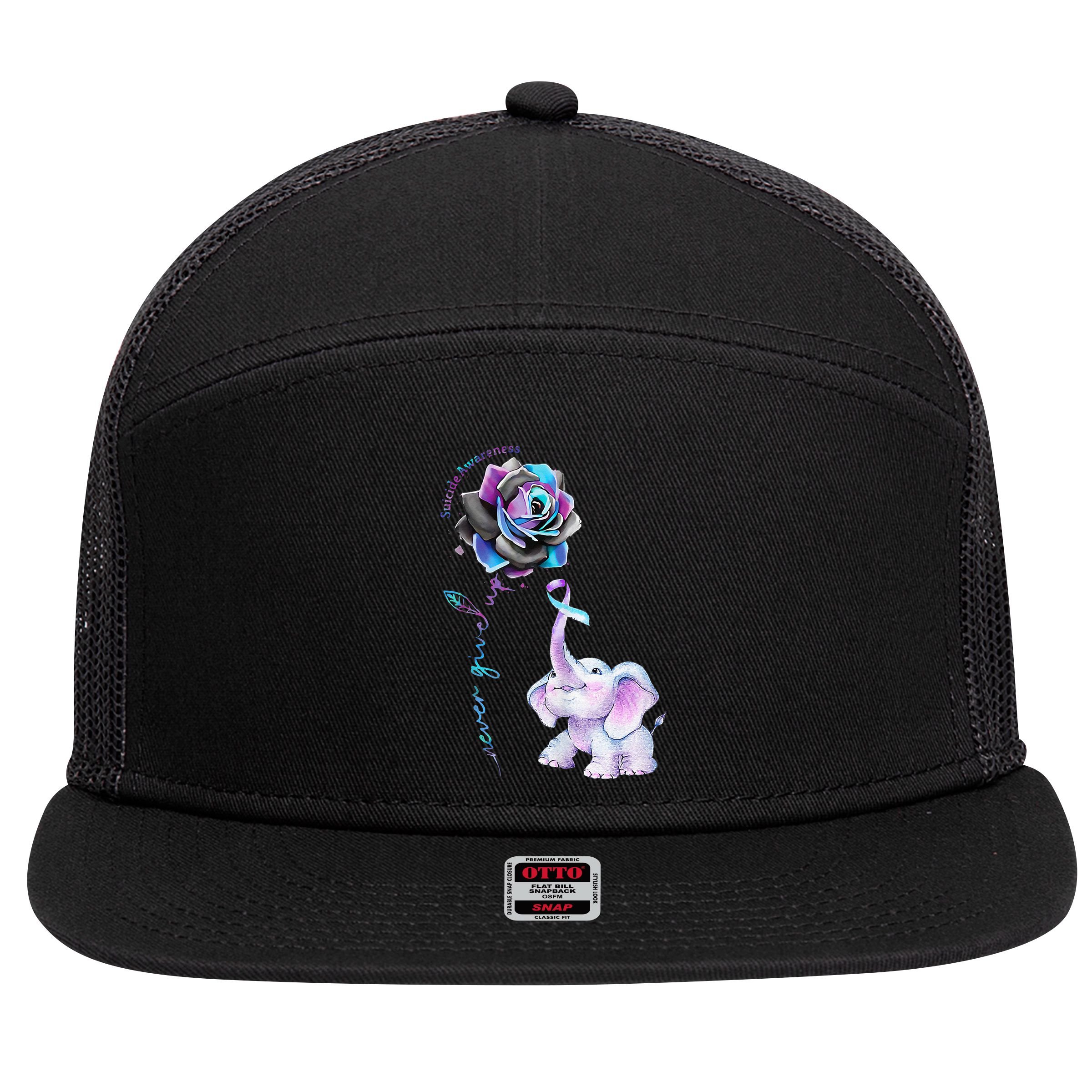 Suicide Prevention Awareness Flower Elephant Ribbon Gift 7 Panel Mesh Trucker Snapback Hat