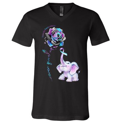 Suicide Prevention Awareness Flower Elephant Ribbon Gift V-Neck T-Shirt