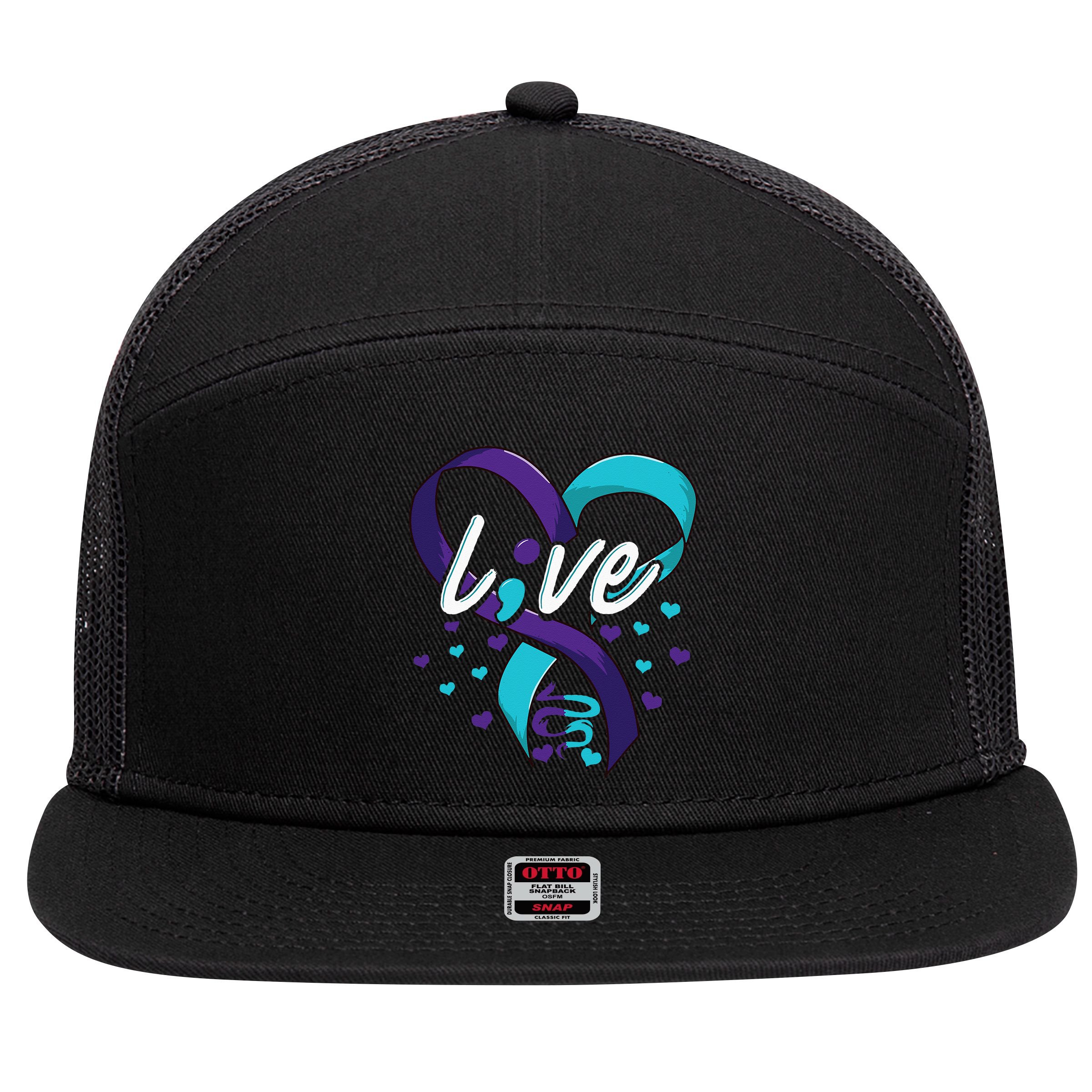 Suicide Prevention Awareness Live Love Semicolon 7 Panel Mesh Trucker Snapback Hat